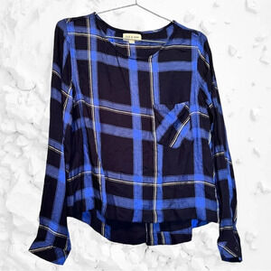 Anthropologie Cloth & Stone Blue/Black Plaid Lace Up Back Long Sleeve Top sz S